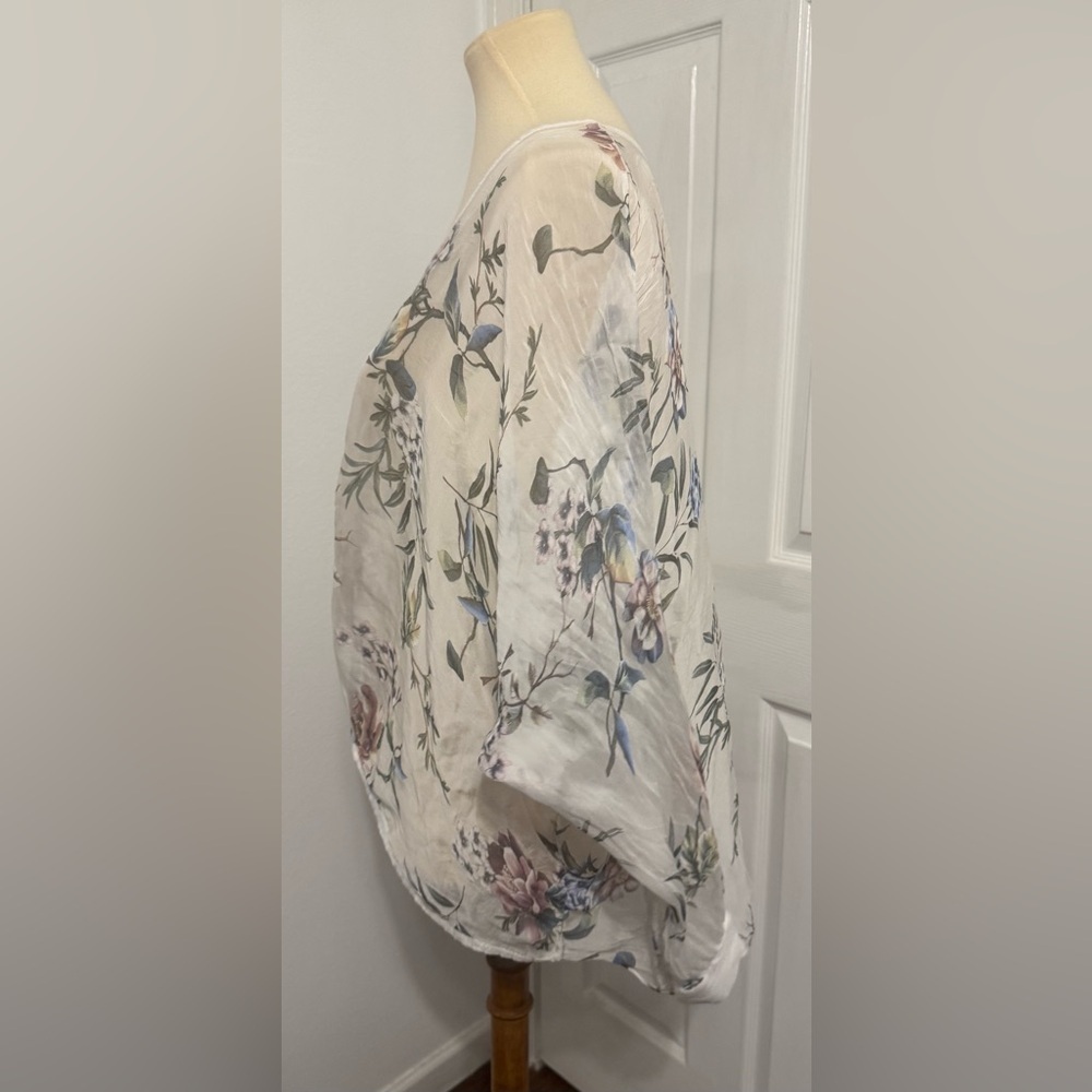 Tempo Paris Silk Blend Floral Boho Blouse Ivory Sheer Button Front Twist Hem Lrg - Picture 2 of 10